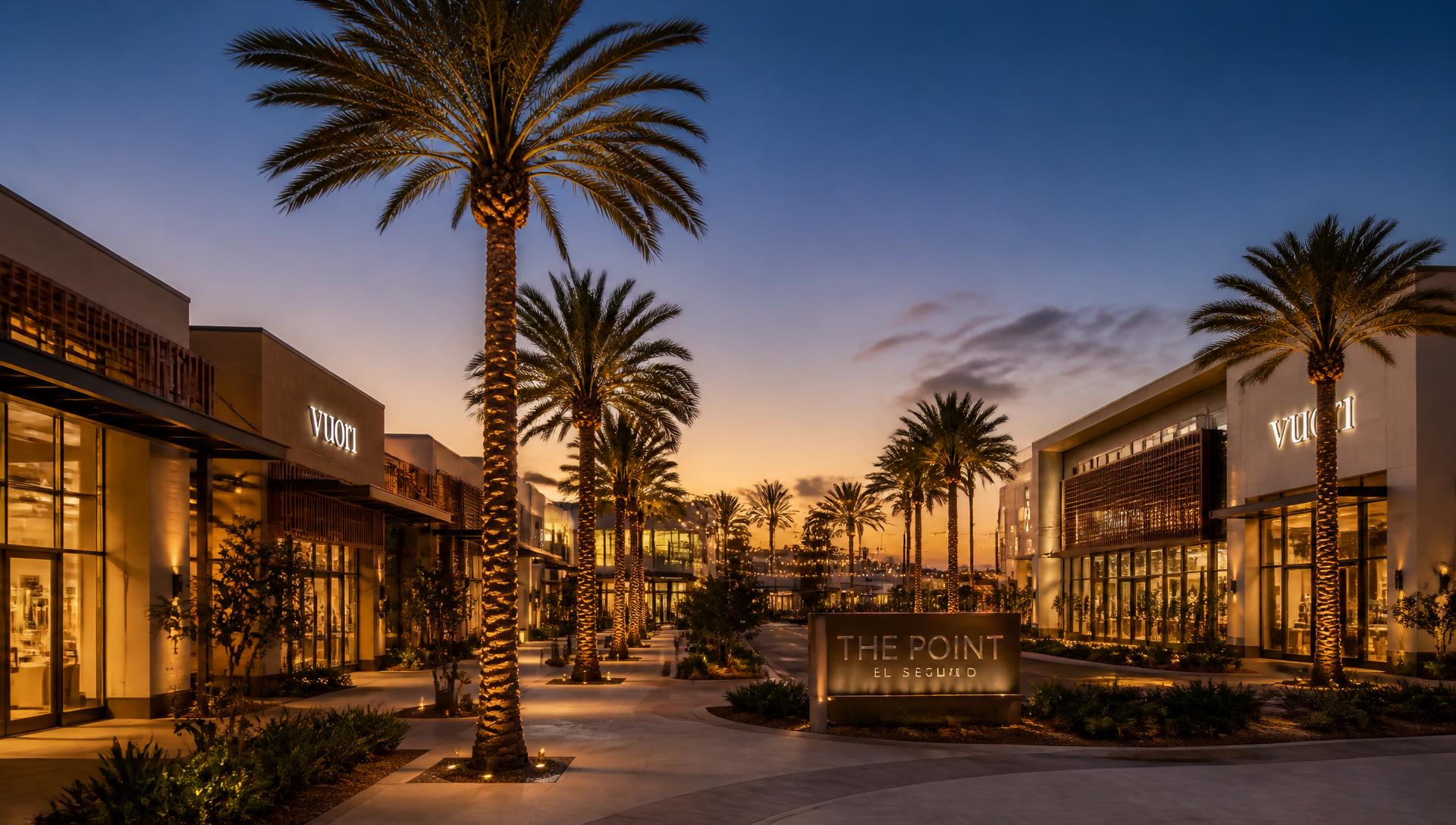 California retail lifestyle center at golden hour dusk